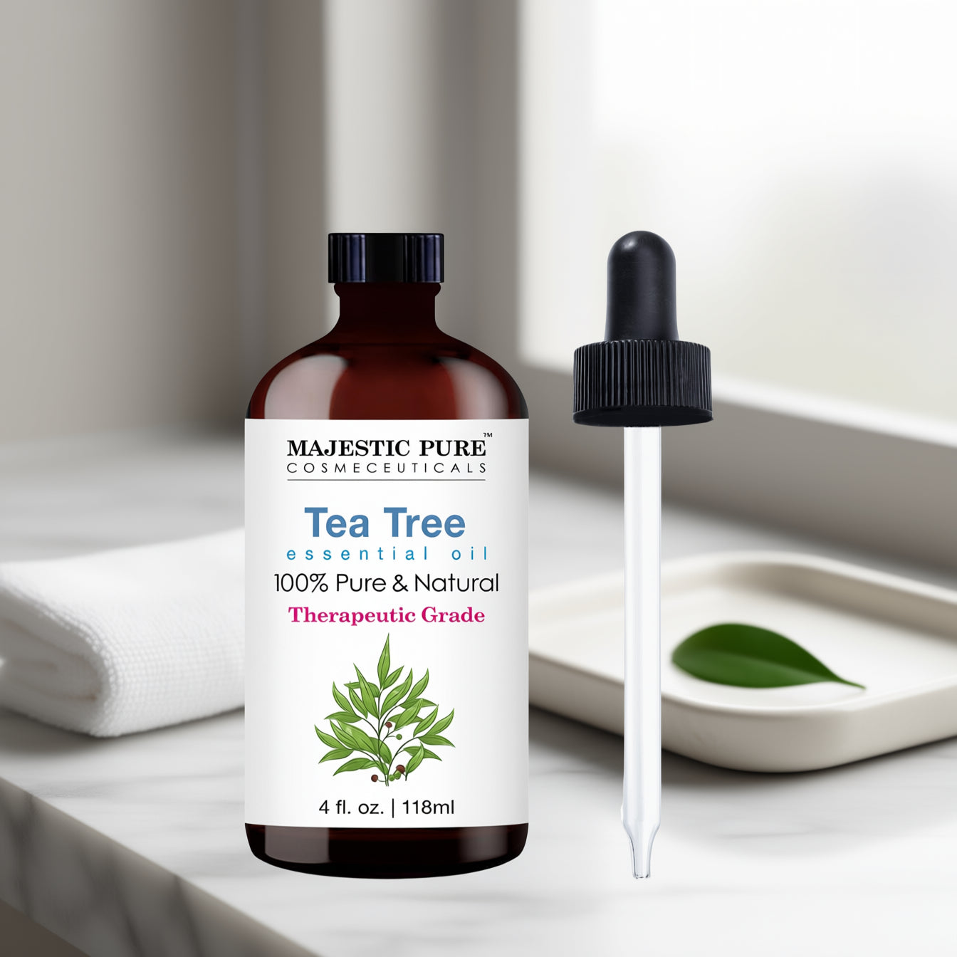 MAJESTIC PURE Tea Tree Essential Oil | 100% Pure and Natural Oil | Therapeutic Grade Essential Oils for Hair Care Home Diffusers Skin Aromatherapy Massage and Humidifiers | 4 Fl Oz