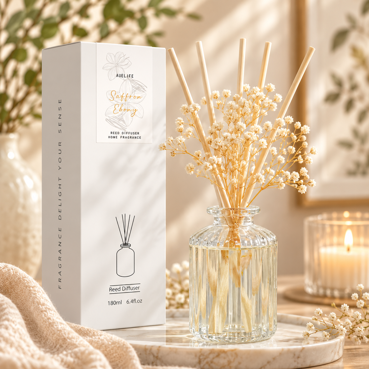 Saffron Ebony Reed Diffuser Set | 90-Day Fragrance with Real Flowers