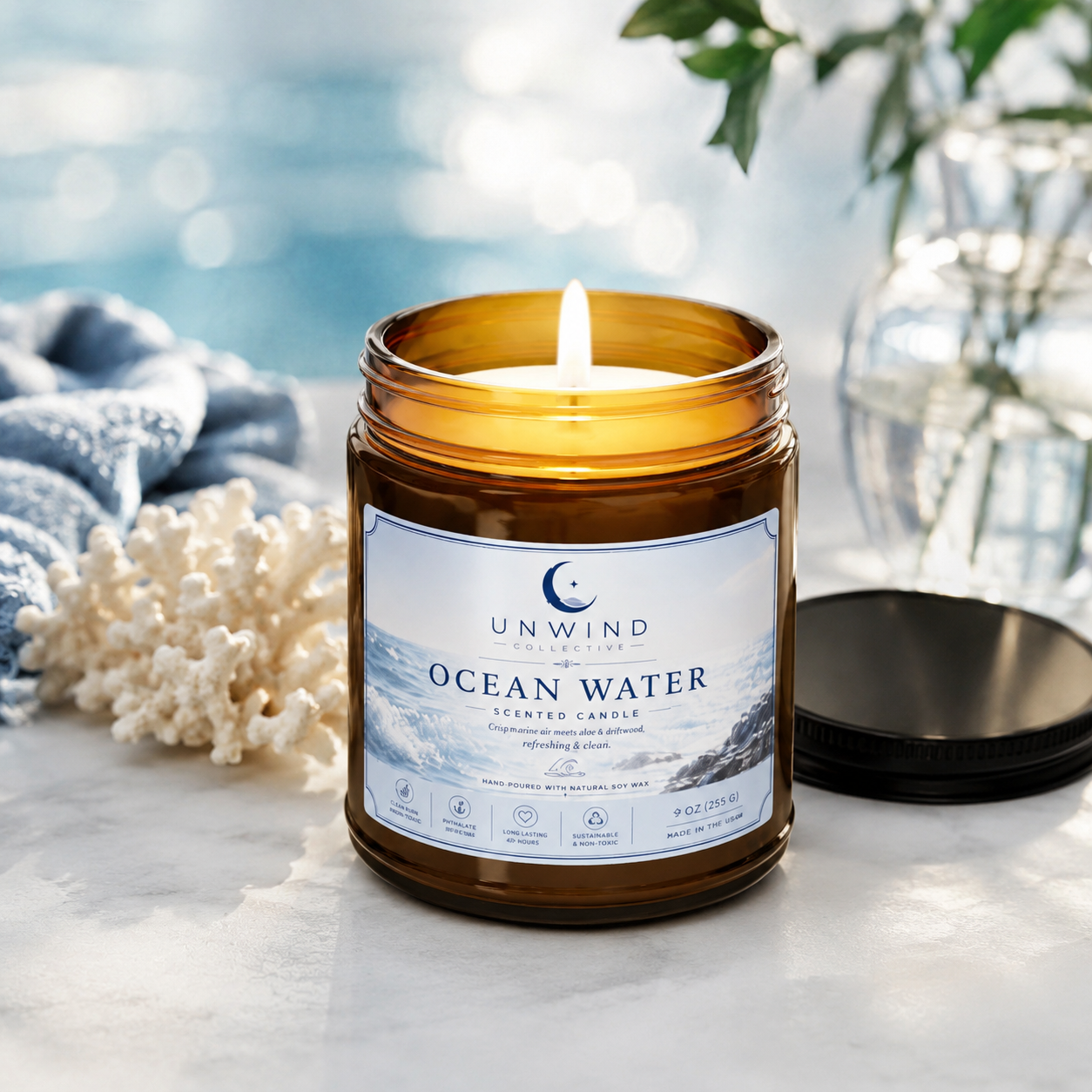 Ocean Water Soy Candle – 9 oz | Fresh Coastal Scent