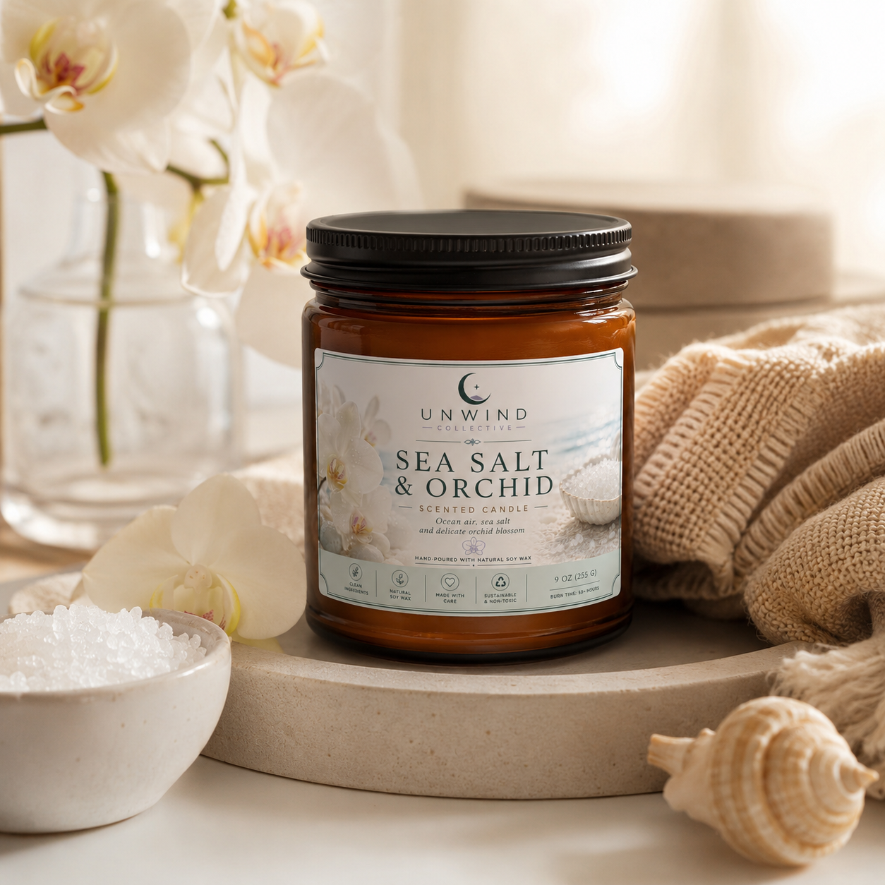 Sea Salt & Orchid Candle | Coastal Floral Scent – 9 oz