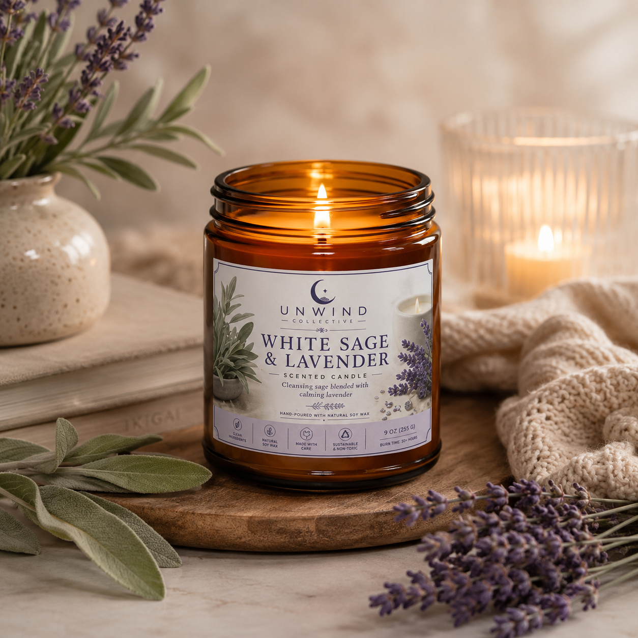 White Sage & Lavender Soy Candle – 9 oz | Calming Aromatherapy