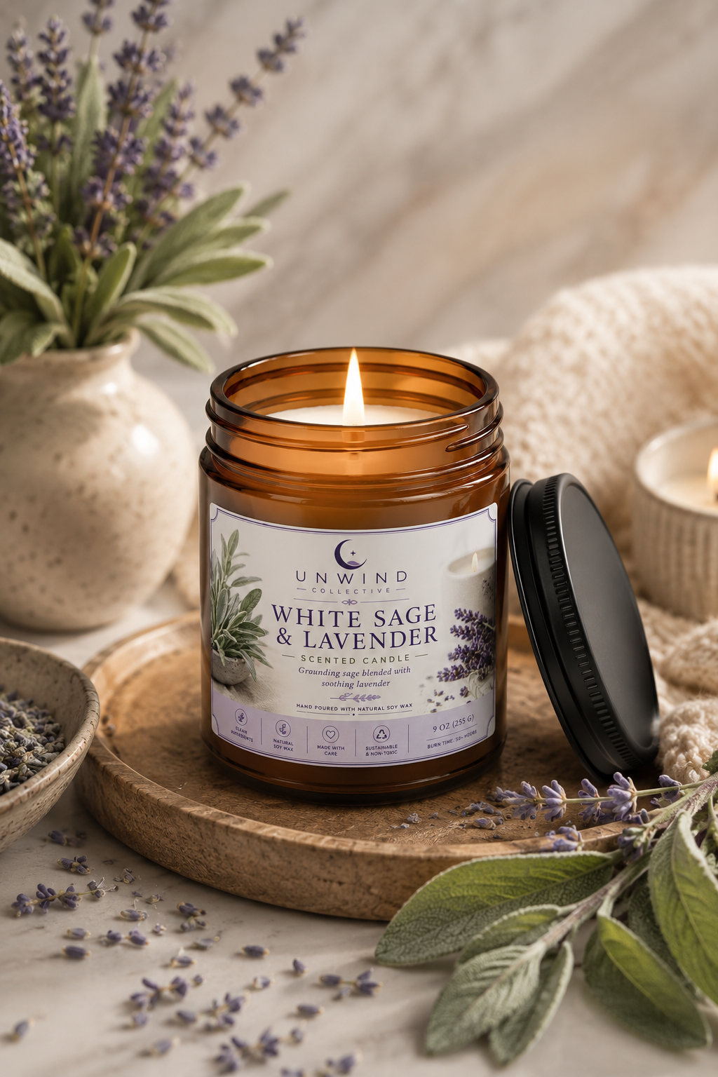 White Sage & Lavender Soy Candle – 9 oz | Calming Aromatherapy