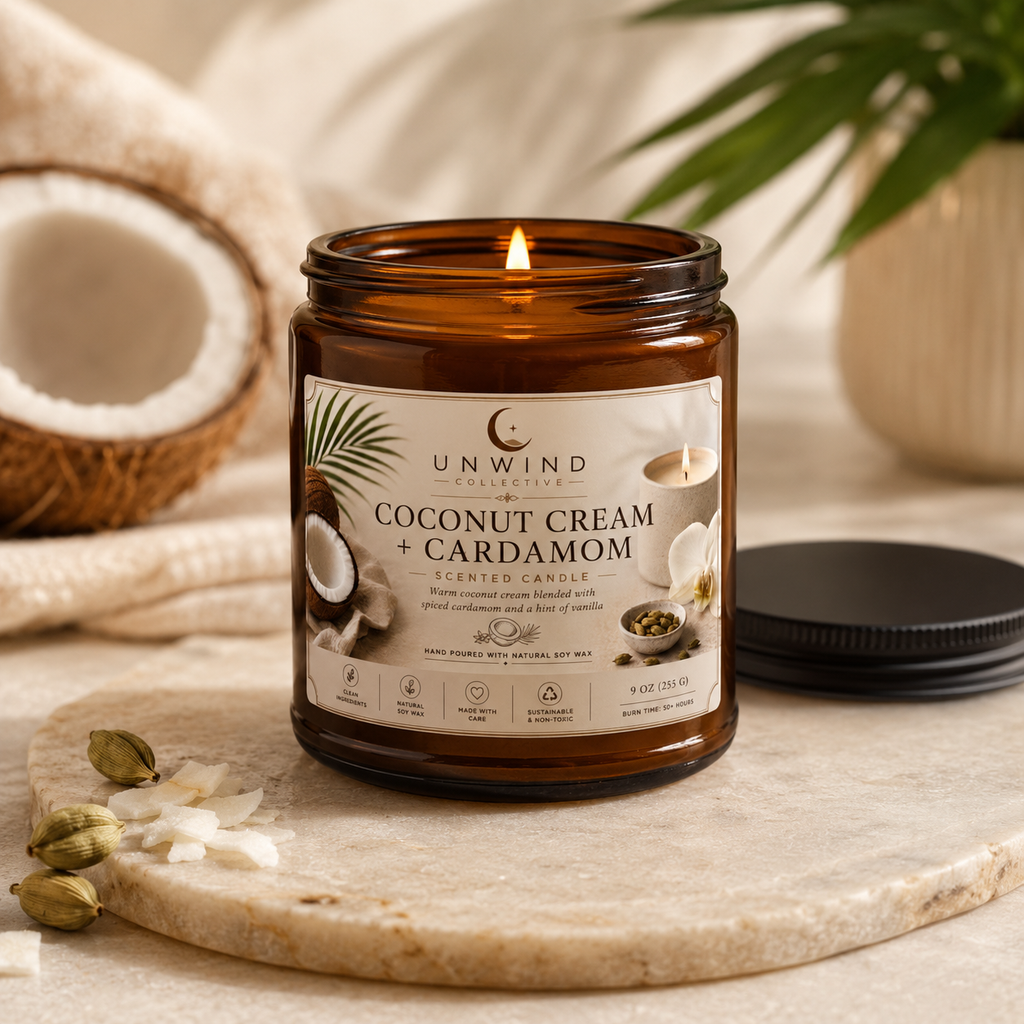 Coconut Cream + Cardamom Soy Candle – 9 oz | 50+ Hour Burn