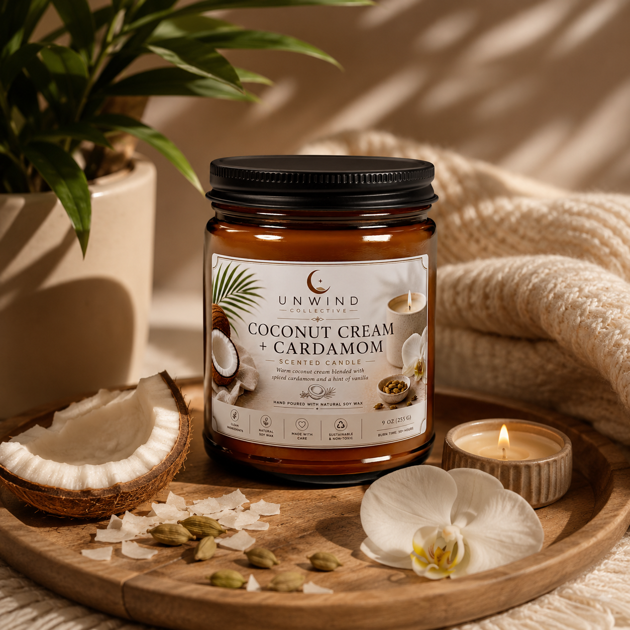 Coconut Cream + Cardamom Soy Candle – 9 oz | 50+ Hour Burn
