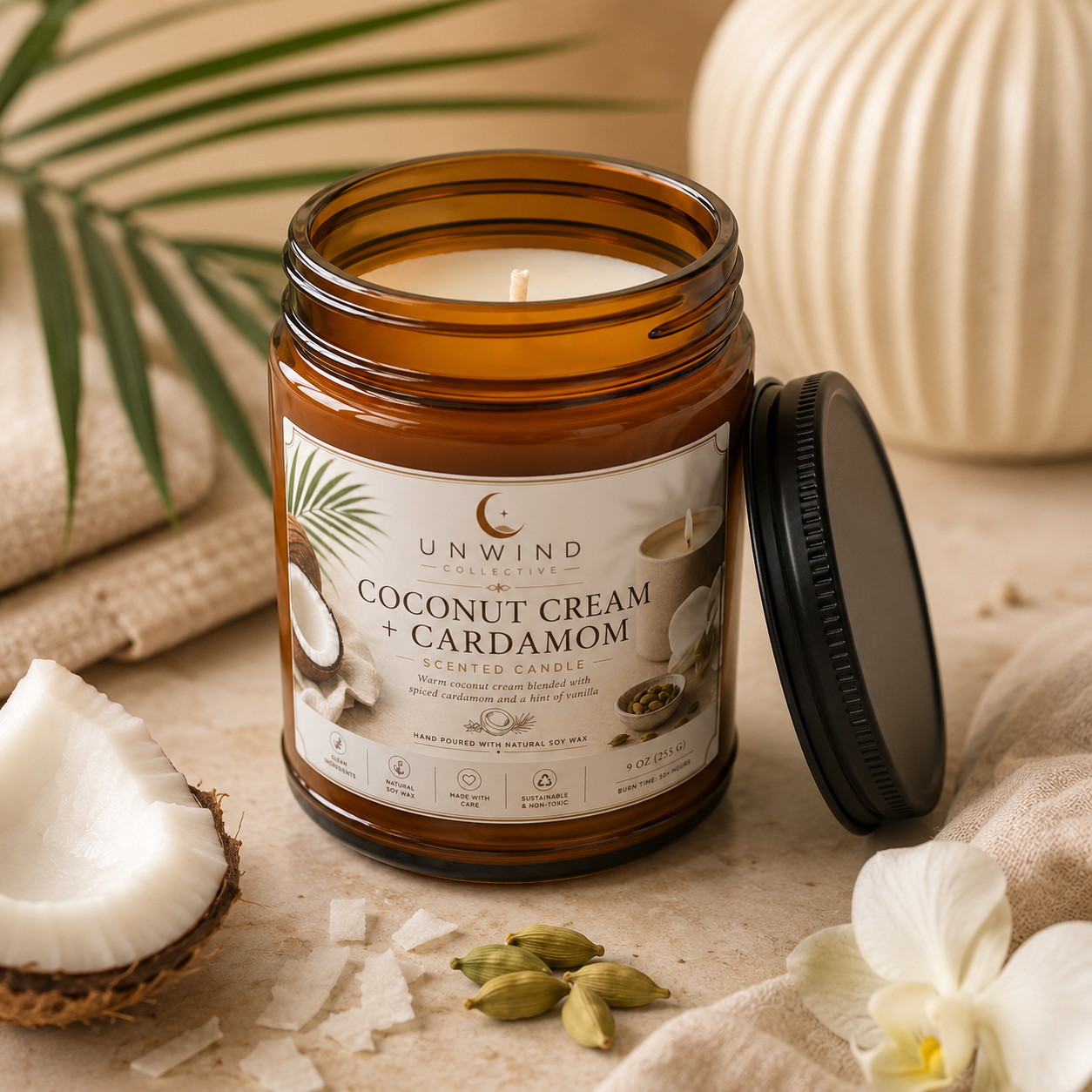 Coconut Cream + Cardamom Soy Candle – 9 oz | 50+ Hour Burn