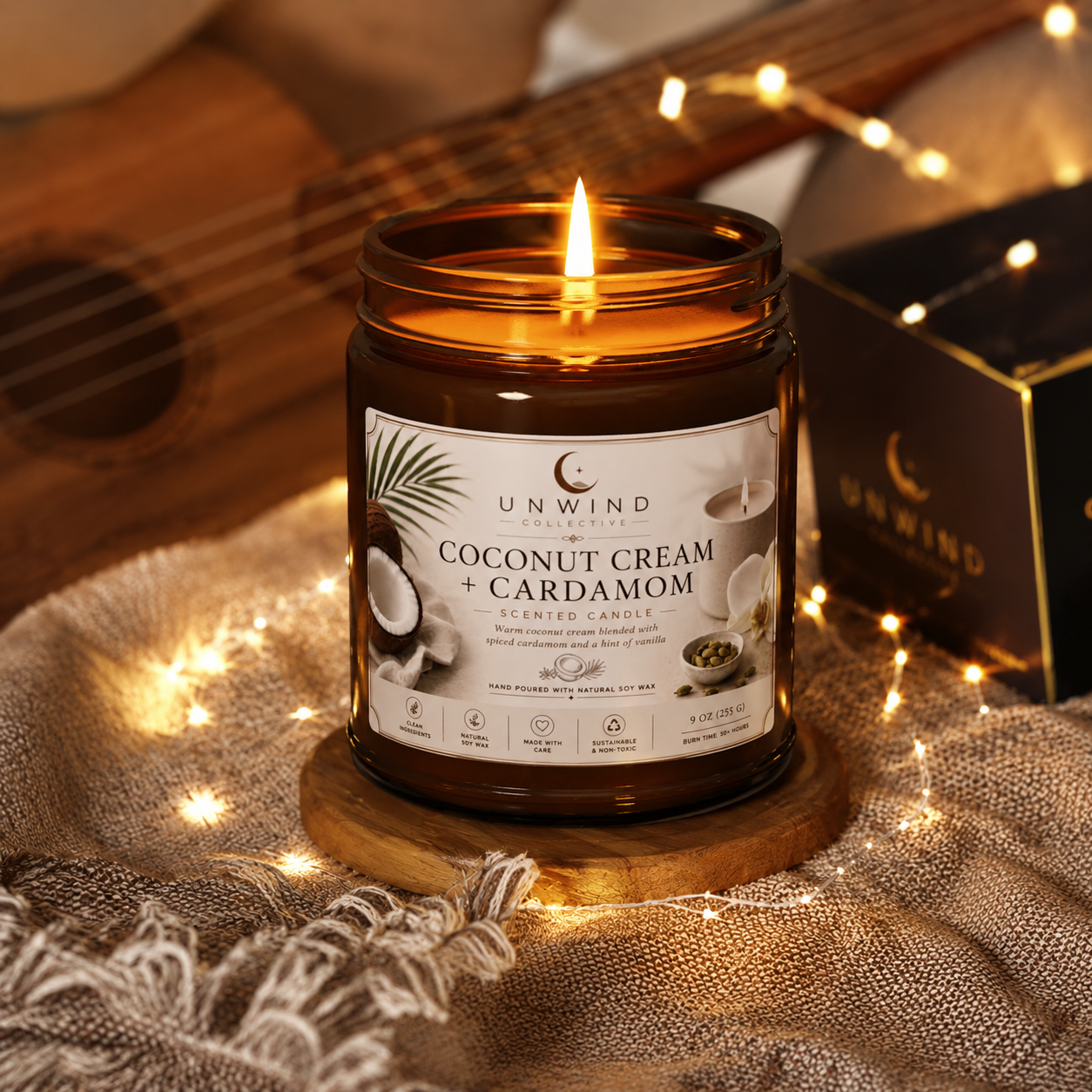 Coconut Cream + Cardamom Soy Candle – 9 oz | 50+ Hour Burn