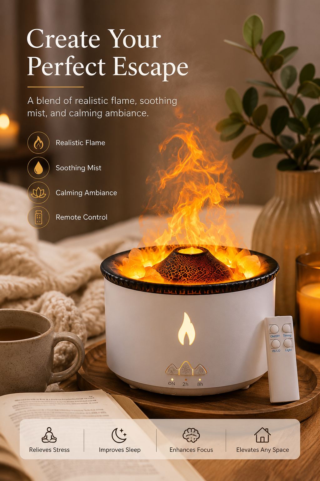 Volcano Flame Aromatherapy Diffuser | 300ml Ultrasonic Humidifier with Remote & Dual LED