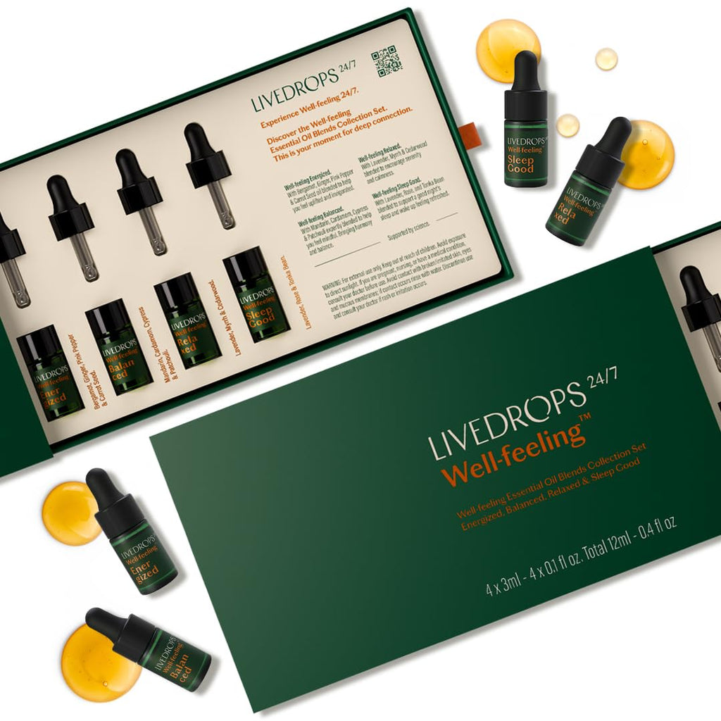 Livedrops 24/7 Essential Oil Blends Mini Collection Set: Energized Balanced Relaxed & Sleep Good. Crafted in France. Pure&Natural. Aromatherapy. Apply on Skin or Diffuser. 4x3ml