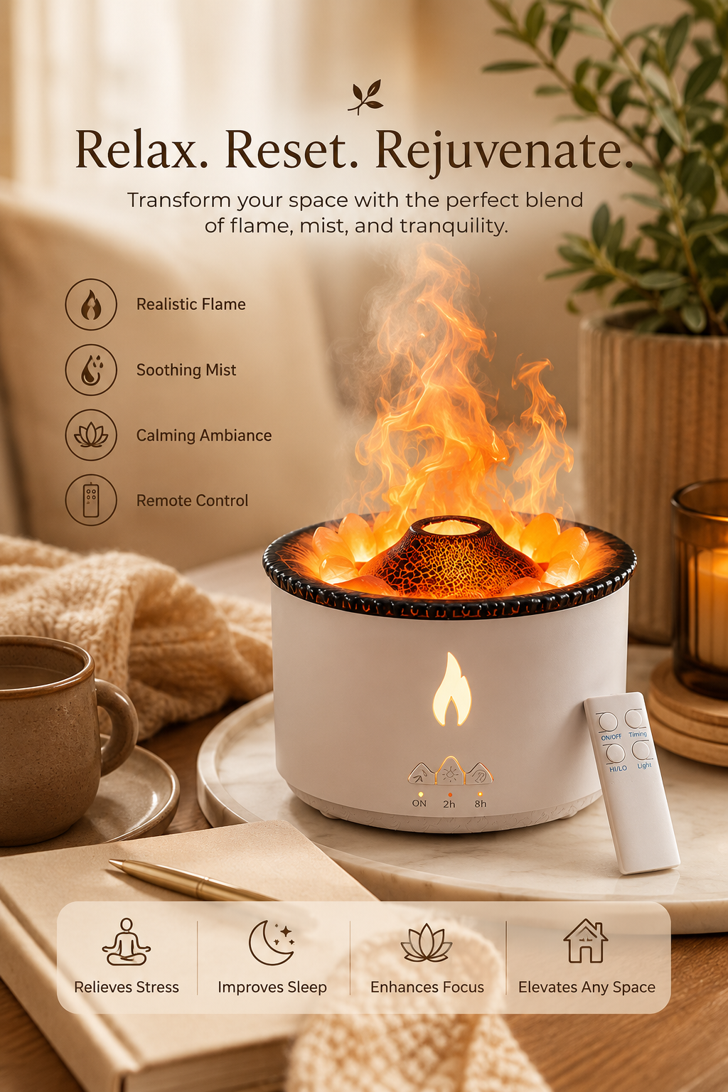 Volcano Flame Aromatherapy Diffuser | 300ml Ultrasonic Humidifier with Remote & Dual LED