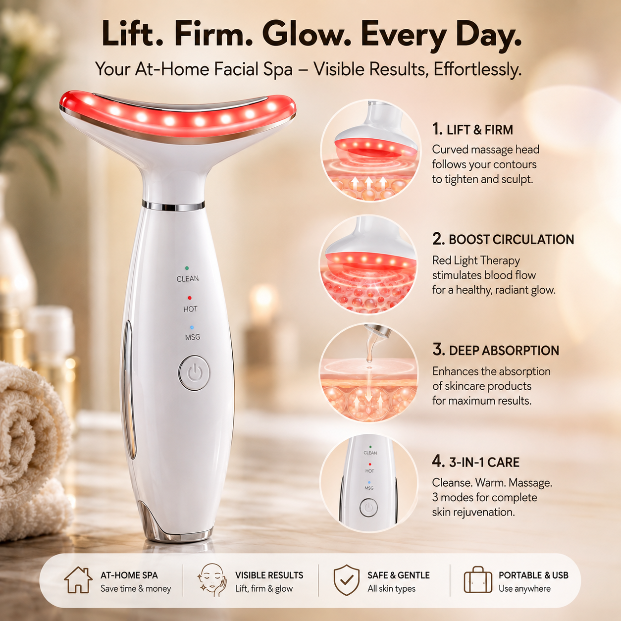 GlowBelle 3-in-1 Facial Therapy Massager — EMS Toning, Heat Therapy & Vibration