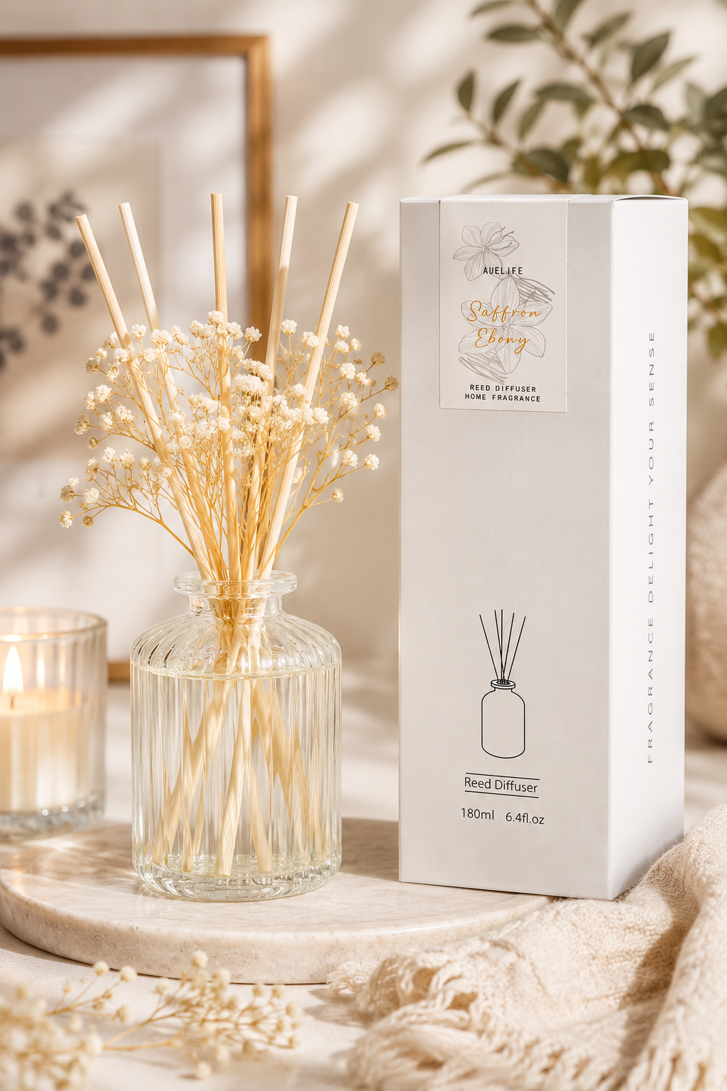 Saffron Ebony Reed Diffuser Set | 90-Day Fragrance with Real Flowers