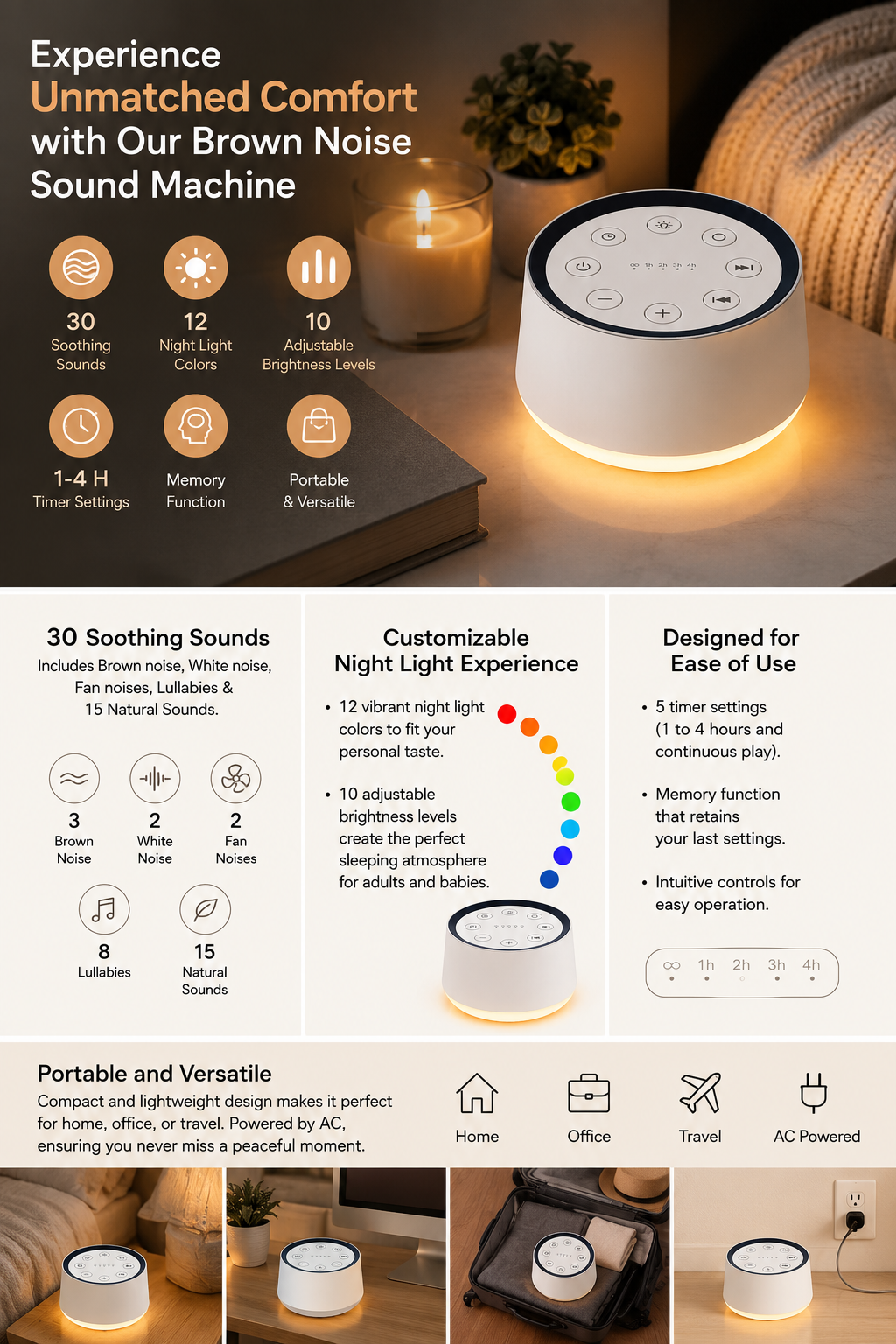 Soothing Sound Machine — 30 Noises & 12-Color Night Light for Deep Sleep
