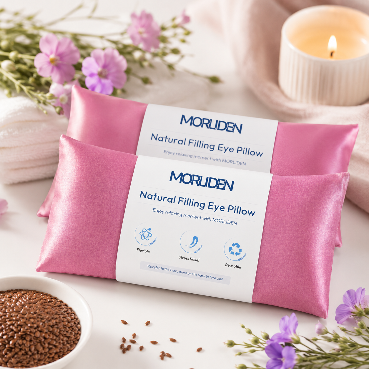 Flaxseed Eye Pillows for Relaxation — Hot & Cold Therapy, 2-Pack (Pink)
