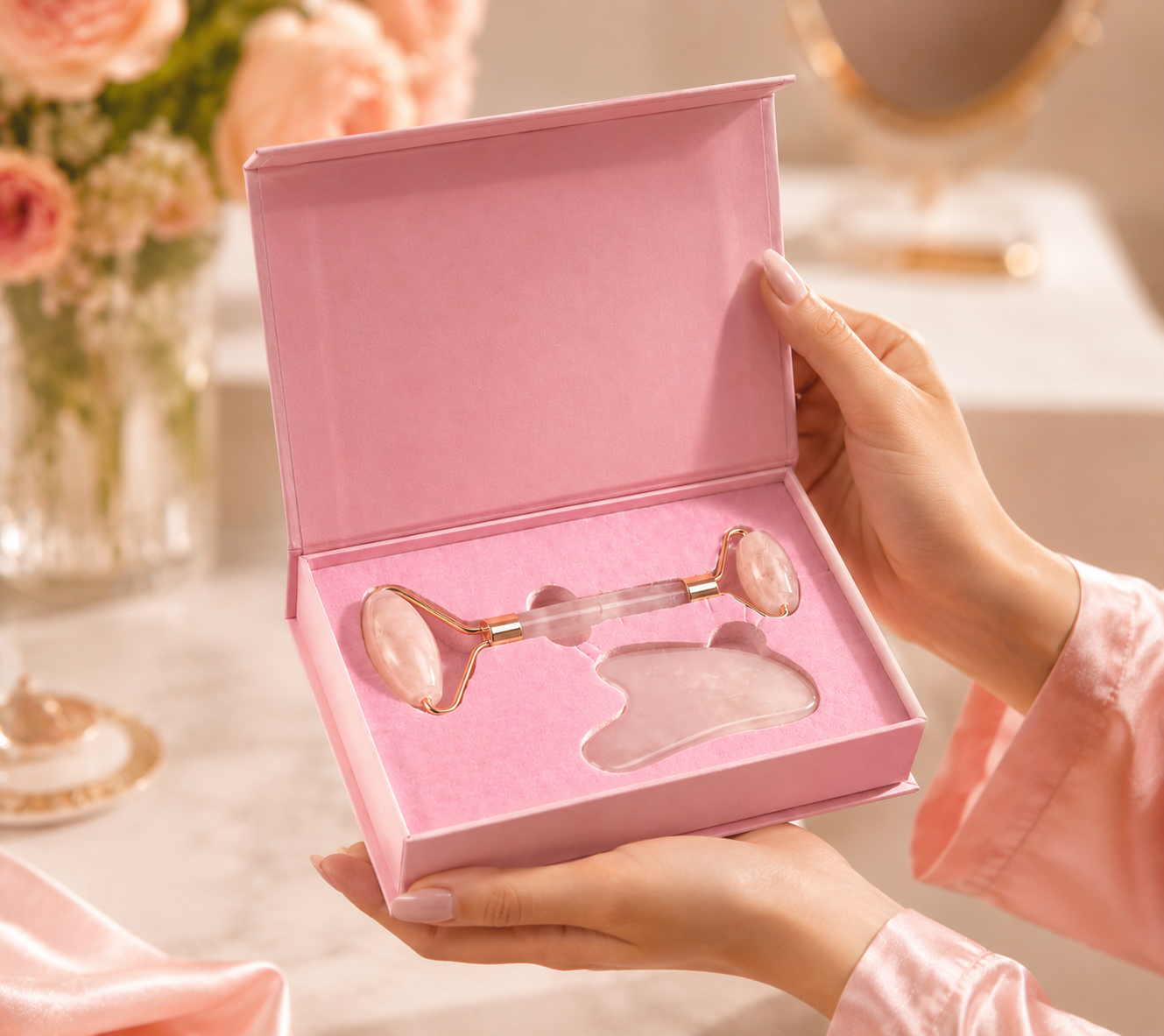 Rose Quartz Facial Therapy Set - Jade Roller & Gua Sha