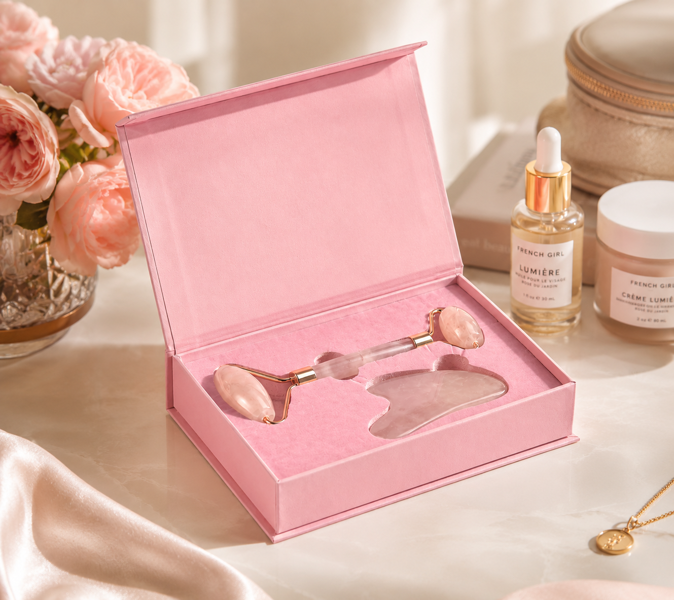 Rose Quartz Facial Therapy Set - Jade Roller & Gua Sha