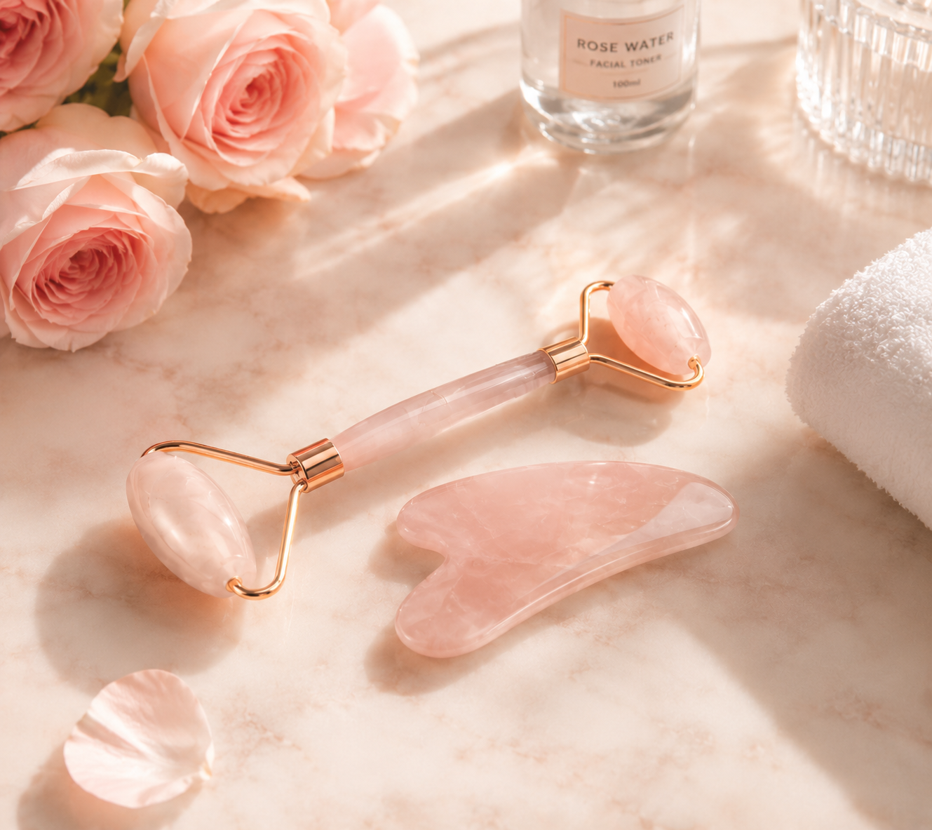 Rose Quartz Facial Therapy Set - Jade Roller & Gua Sha