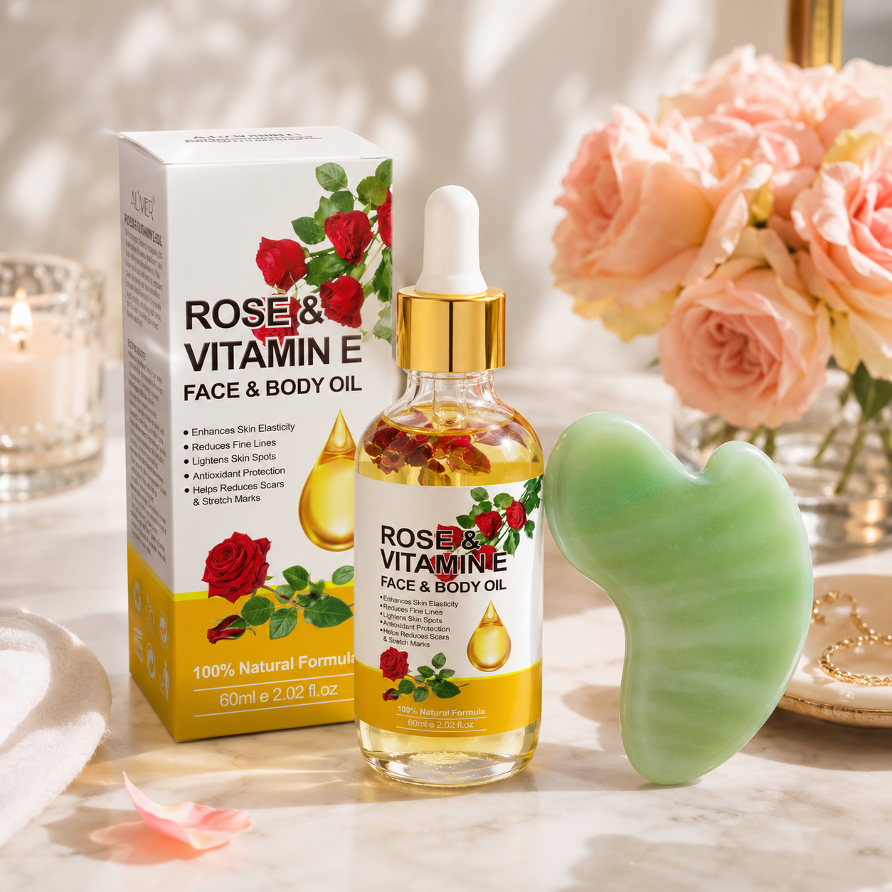 Rose & Vitamin E Nourishing Oil with Gua Sha Tool - 2.02 fl.oz