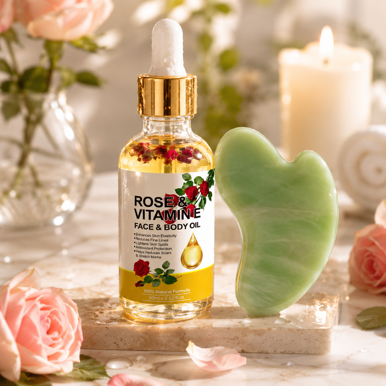 Rose & Vitamin E Nourishing Oil with Gua Sha Tool - 2.02 fl.oz