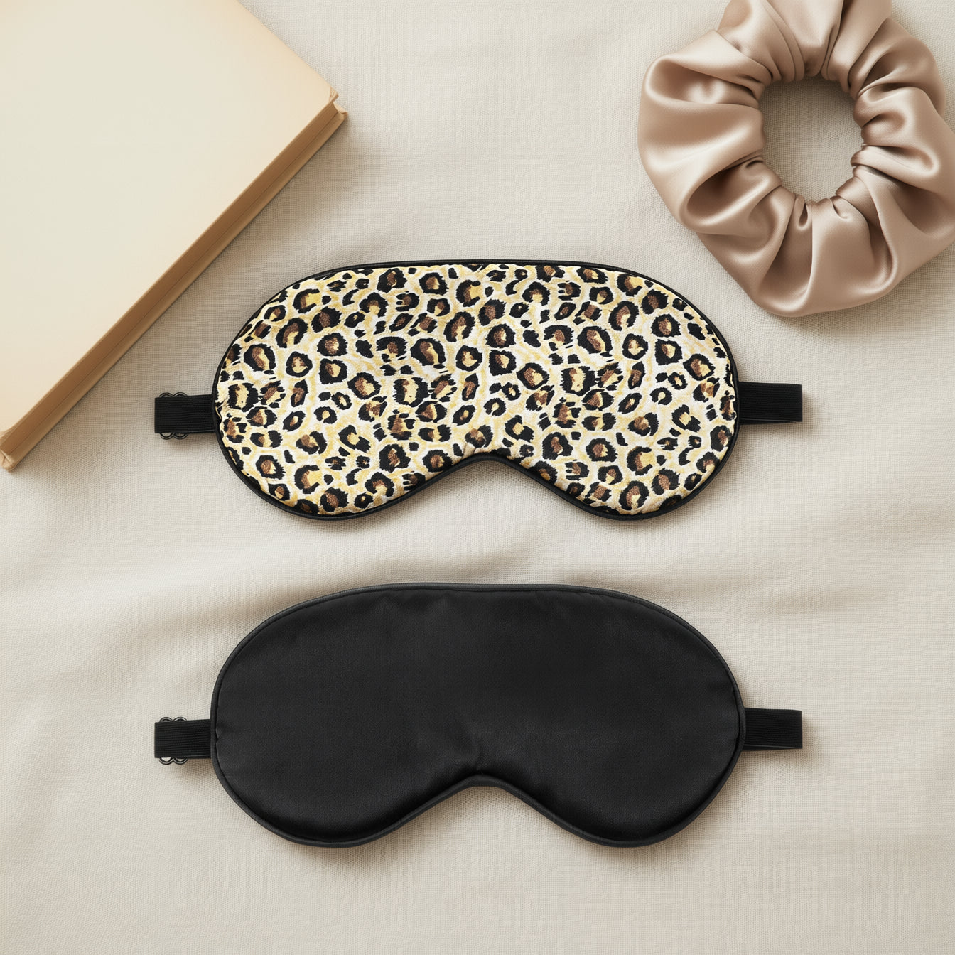 Silk Sleep Mask Duo - Leopard & Black with Adjustable Strap