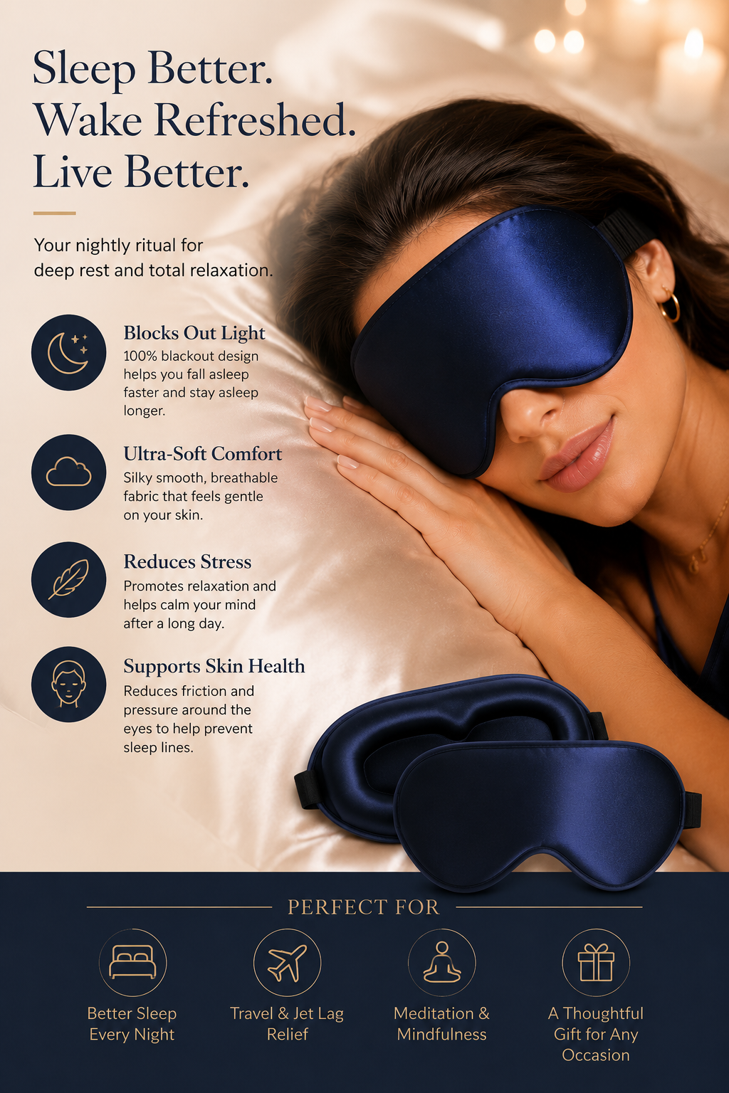 FlyCoco 3D Contoured Blackout Sleep Mask | Zero Eye Pressure | Memory Foam