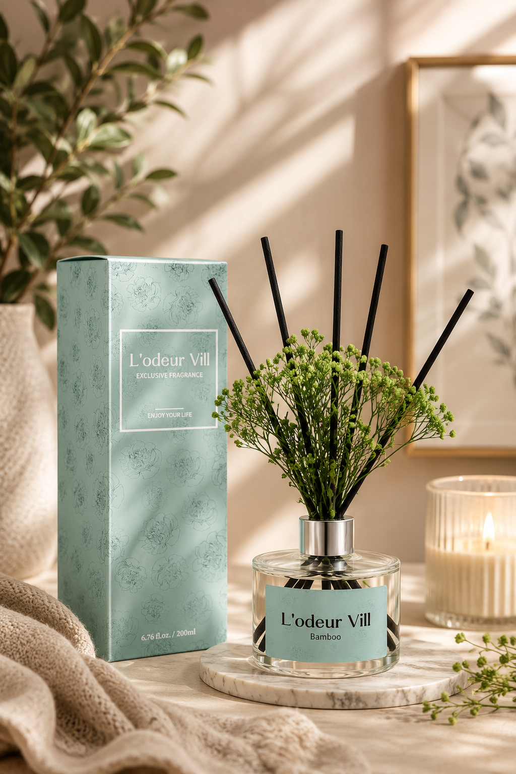 Bamboo Essence Reed Diffuser Set | 90-Day Fragrance with Real Flowers & Gift Box