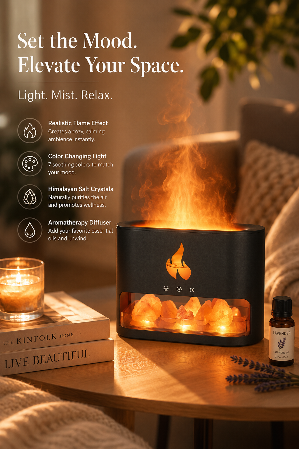 YALEDI 3-in-1 Himalayan Salt Diffuser | Flame Light, Aromatherapy & Humidifier
