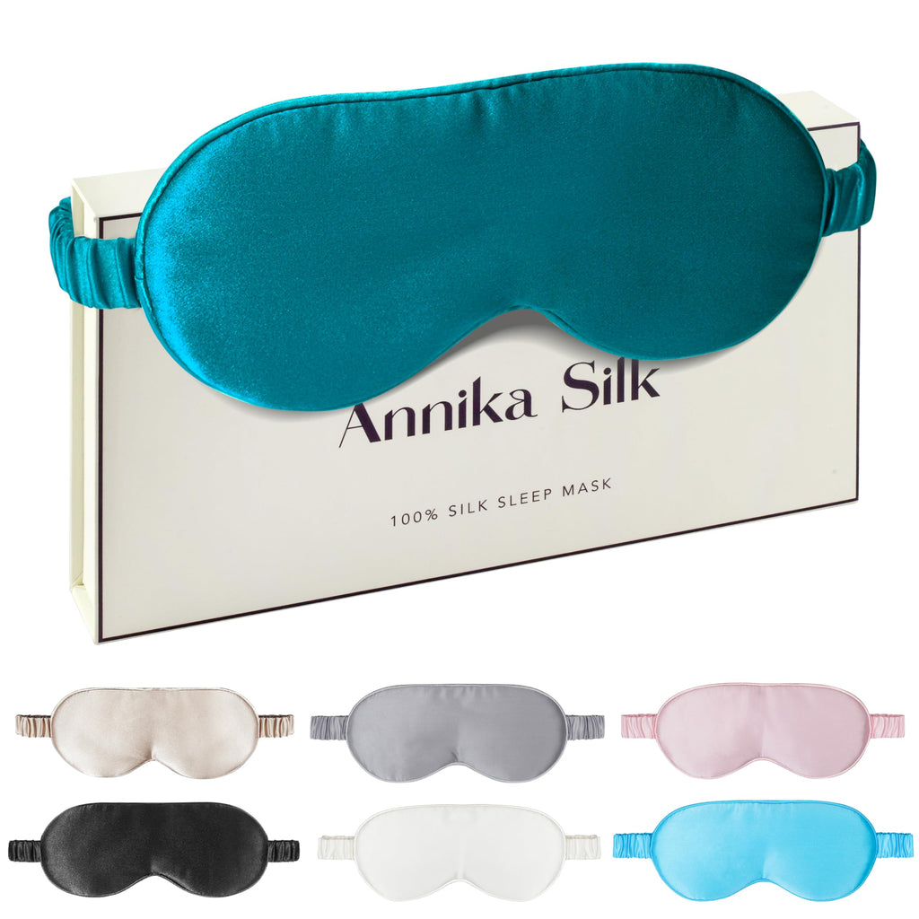Silk Sleep Mask by ANNIKA SILK™ - 6A Grade 22 Momme 100% Mulberry Eye Mask for Sleeping with Adjustable Strap Lightweight Blindfold for Shift Work Travel and Night Sleep (Peacock Blue)
