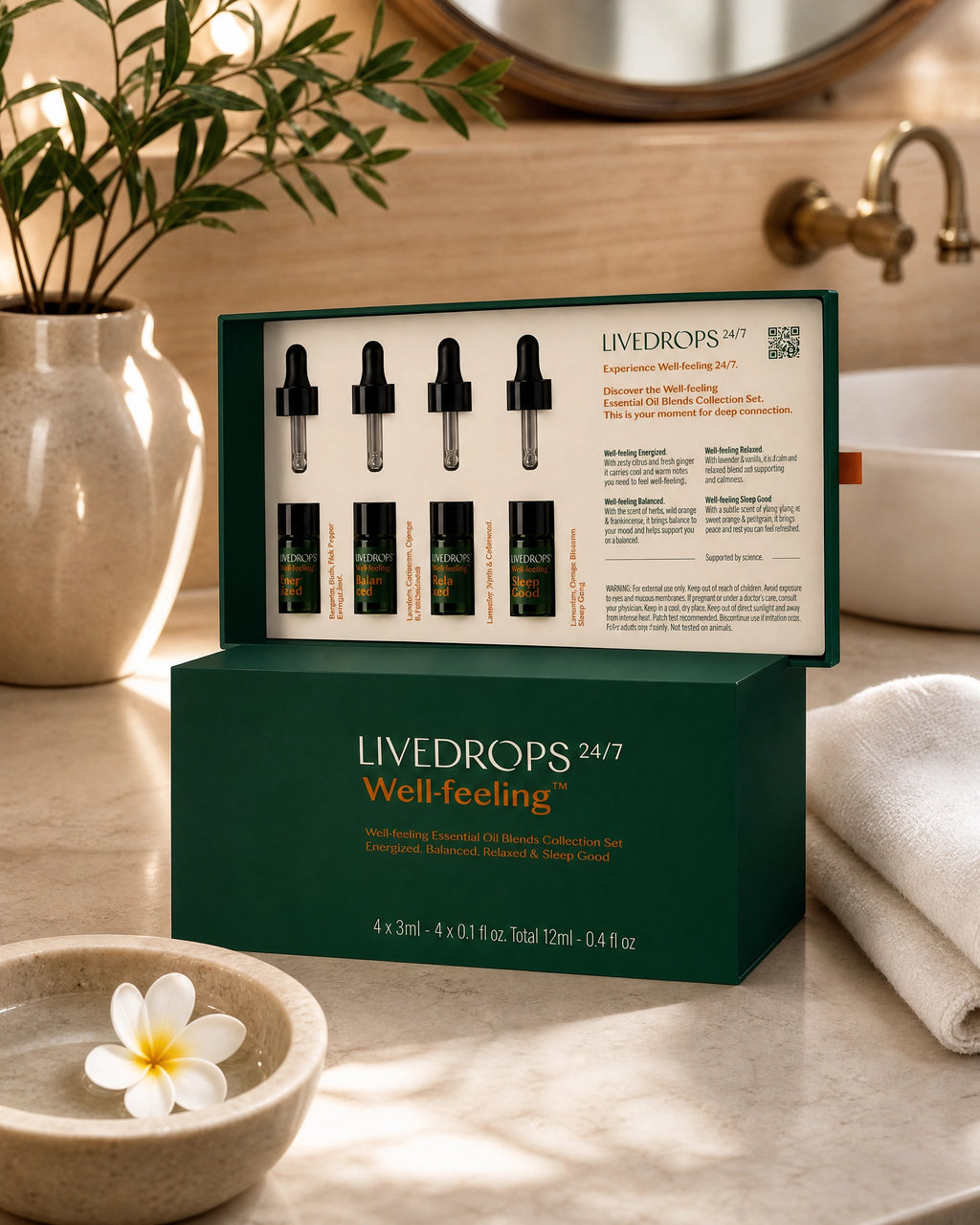 Livedrops 24/7 Essential Oil Blends Mini Collection Set: Energized Balanced Relaxed & Sleep Good. Crafted in France. Pure&Natural. Aromatherapy. Apply on Skin or Diffuser. 4x3ml