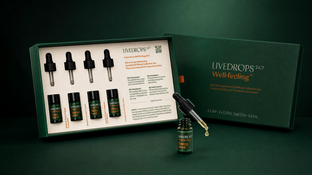 Livedrops 24/7 Essential Oil Blends Mini Collection Set: Energized Balanced Relaxed & Sleep Good. Crafted in France. Pure&Natural. Aromatherapy. Apply on Skin or Diffuser. 4x3ml