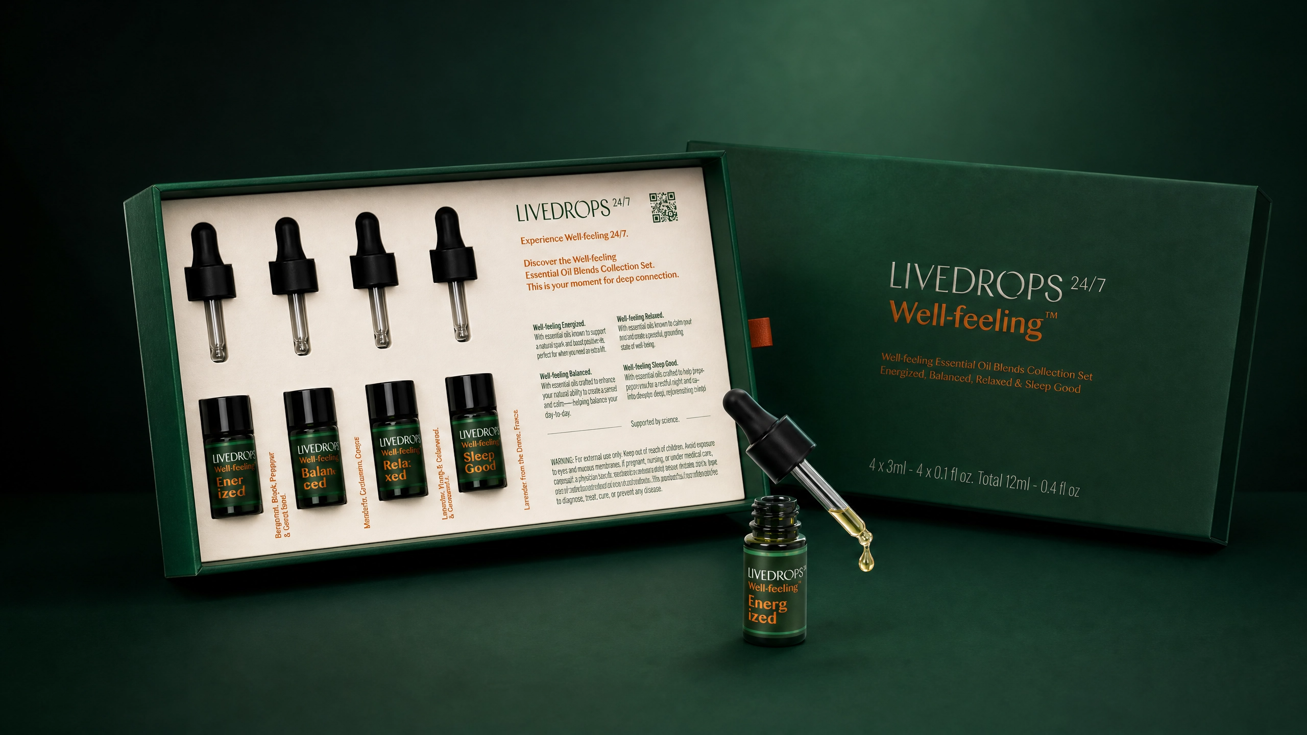 Livedrops 24/7 Essential Oil Blends Mini Collection Set: Energized Balanced Relaxed & Sleep Good. Crafted in France. Pure&Natural. Aromatherapy. Apply on Skin or Diffuser. 4x3ml