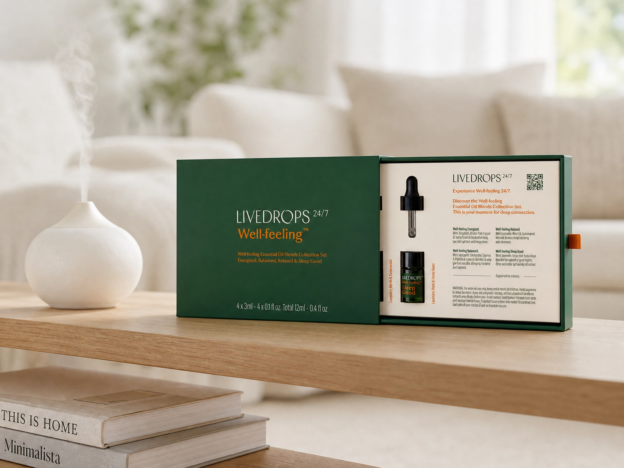 Livedrops 24/7 Essential Oil Blends Mini Collection Set: Energized Balanced Relaxed & Sleep Good. Crafted in France. Pure&Natural. Aromatherapy. Apply on Skin or Diffuser. 4x3ml