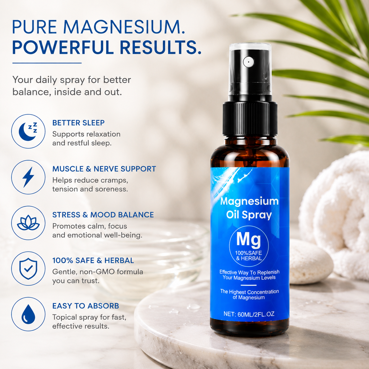 Organic Magnesium Oil Spray | Extra Strength 60ml for Sleep & Muscle Relief